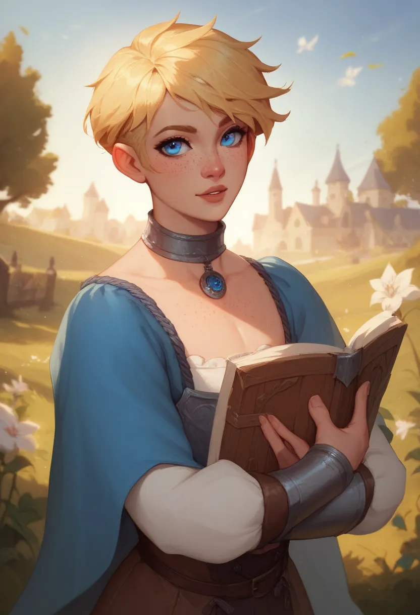 androgynous male, twink, blonde hair ((short cut)), fair skin ((freckles)), blue eyes, golem maker, artificer, medieval fantasy