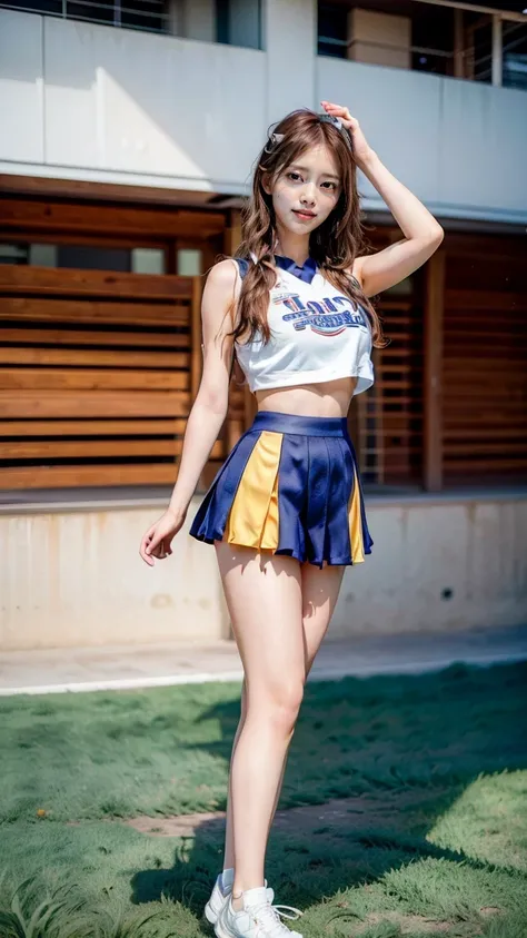 A beautiful young Japanese woman, 20 years old, with perfect anatomy, healthy thighs, beautiful feet, flawless skin, random hair color and style, large bust, wearing a cheerleader uniform with micro-pleated miniskirt, in a full-body shot, standing in a sta...