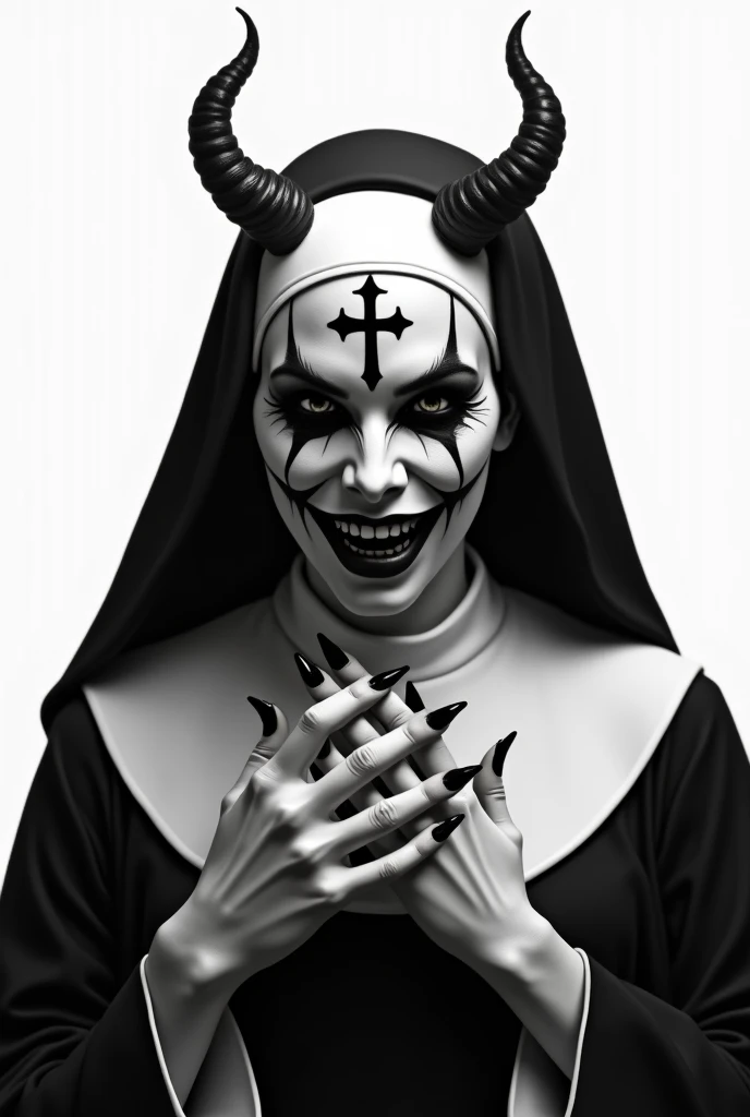 Create an ultra-realistic image full body of a a perfect black and white illustration of a evil nun with horns, showing devil symbol with fingers. White background, On her forehead is a sharp focus Inverted Cross tattoo. A dark masterpiece, Greg Rutkowiski...