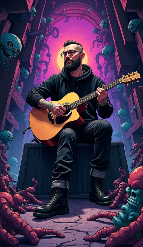 The image is a vivid, surreal illustration featuring a chaotic scene of a handsome, 30-something rocker, bearded, slim, dressed in black, buzz cut, glasses, tattoos, sitting playing acoustic guitar in a strange labyrinth filled with bizarre figures. The pr...