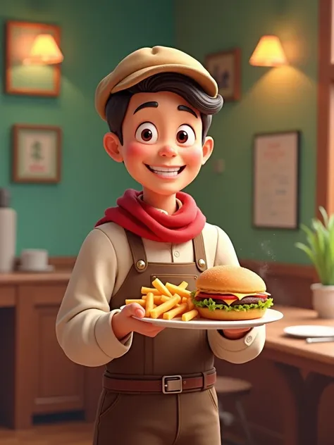  The image shows a friendly waiter , All smiling ,  holding a plate with a hamburger and French fries.  He wears a hat ,  a light shirt ,  a red scarf and brown pants .  The background is green . How cute! meow!  He seems so happy to serve customers . Nyaa...