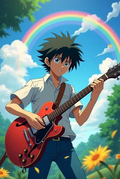 Create an original and most identical image of Oliver Atom, the main character of Captain Tsubasa, playing Gibson guitar on a sunny afternoon with the rainbow with the phrase “the Lord is my shepherd, nothing is missing for me” 