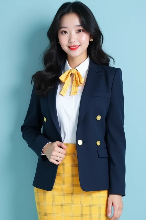 full body, 1 korean girl, black hair, wavy and voluminous hair, (white shirt), (navy blazer with gold button : 1.1), (checkered yellow skirt), pensil skirt, thighs, (checkered yellow ribbon tie), big breasts, red lips, 19 years old, little smile, frontal v...