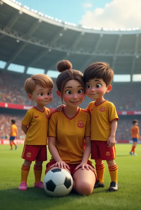 Soccer mom of two ren, one of the  short-haired boys and an 18-year-old adult in a stadium, her mother kneeling and the ren standing.