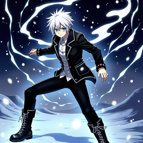  white hair,  blue eyes, Black and White Trench Coat,  Black Pants ,  black military boots , Winter background, HD