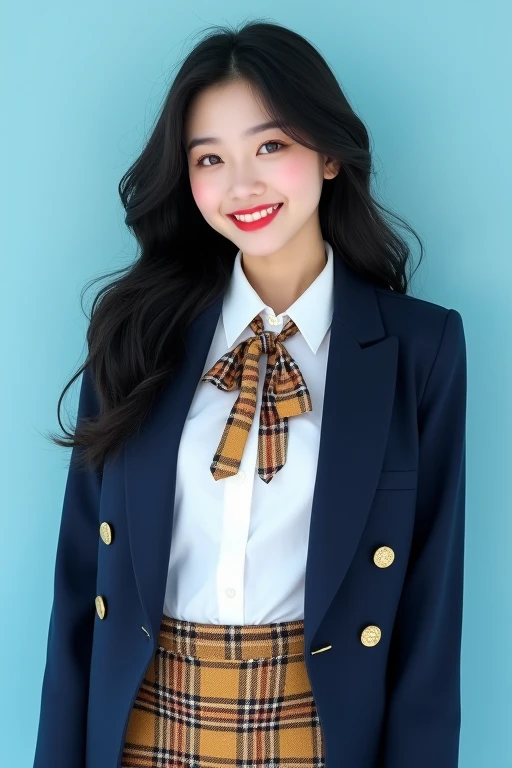 full body, 1 korean girl, black hair, wavy and voluminous hair, (white shirt), (navy blazer with gold button : 1.1), (checkered brown and yellow skirt), pensil skirt, thighs, (checkered brown and yellow ribbon tie), big breasts, red lips, 19 years old, bri...