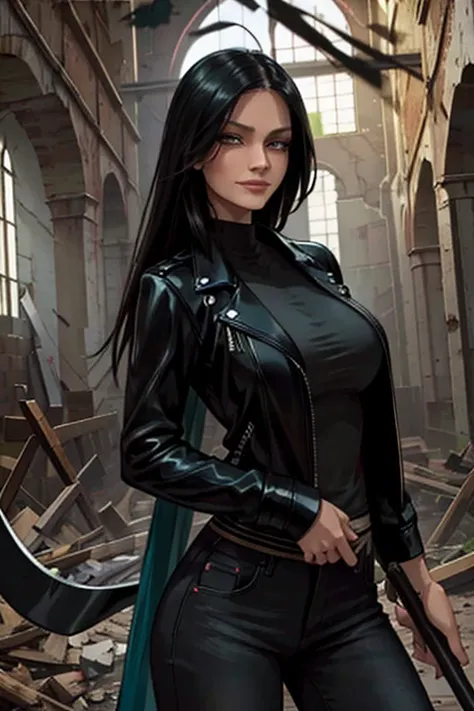 Perfect face. Perfect hands. A tall black haired woman with teal eyes in a leather jacket and jeans is spinning a scythe with a big smile in an abandoned church