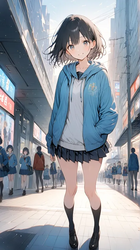 Masterpiece, high quality, 16K, illustration by Makoto Shinkai, detailed background, young woman, beautiful face, long eyelashes, fair skin, full body, thin legs, beautiful thighs, black hair, short cut, idol, blue hoodie, school uniform, black tights, abs...