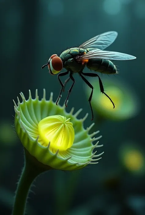 A fly in front of a small radioactive plant Dionaea muscipula