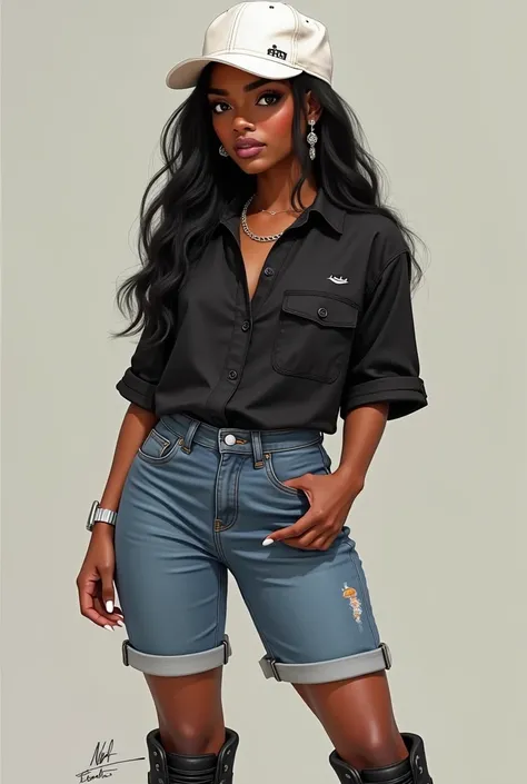  Medium size smooth black hair ,  black eyes ,  brown skin color ,  wearing lip gloss lipstick , nails in the color white ,  wearing denim shorts and a black dress shirt, black nike sneakers, with white cap