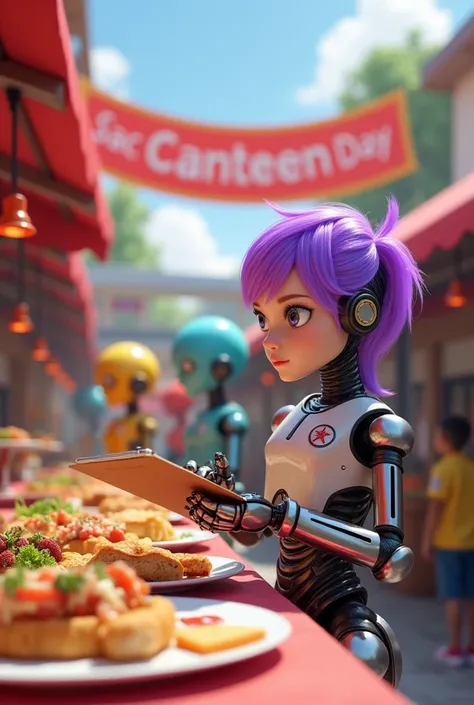 Create a generate hyper-realistic purple hair robot with Be-Star-E nametag evaluating other robot food while holding paper at a food festival at school with many different colors robots watching. having banner "SAC CANTEEN Day", 4K UHD