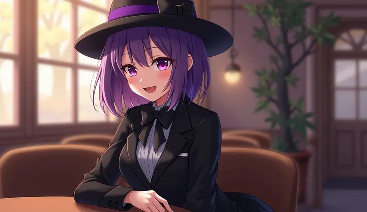 1girl, solo, black fedora with purple stripe, black suit, laugh, bow on hat, bow tie, black skirt, purple shoulder lenght hair, purple eyes, sitting in cafe, anime style,