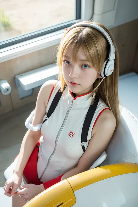 (Overhead view),dynamic angle,ultra-detailed, illustration, close-up, straight on, 1girl, 
 ((souryuu asuka langley, interface headset, red bodysuit:1.4, blonde)),Her eyes shone like dreamy stars,(glowing eyes:1.233),(beautiful and detailed eyes:1.1),(expr...