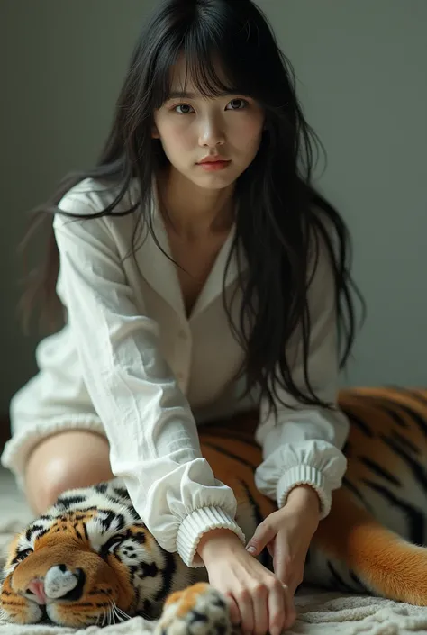 A young Asian woman with long hair and bangs is wearing a long-sleeved white shirt. She is taking a selfie while looking at the camera, 

using her hand to touch the testicles a tiger lying on the ground.