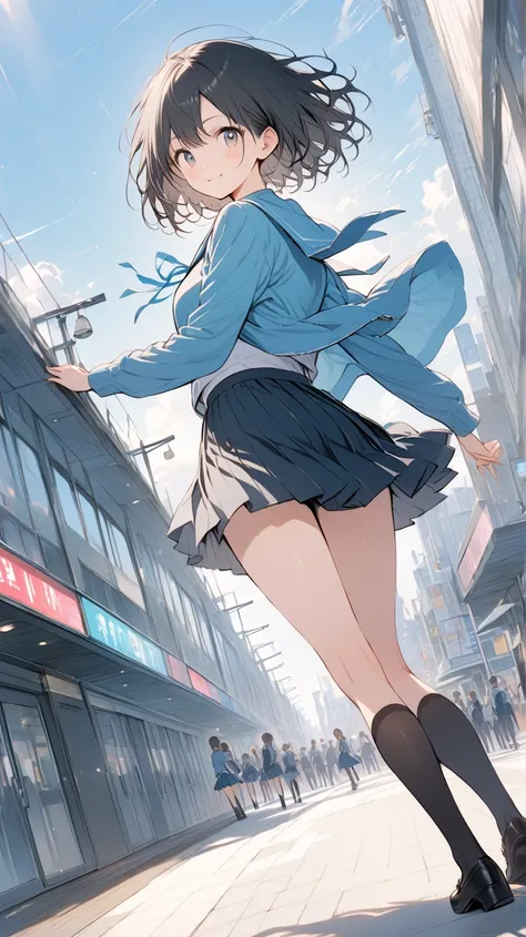 Masterpiece, high quality, 16K, illustration by Makoto Shinkai, detailed background, young woman, beautiful face, long eyelashes, fair skin, full body, thin legs, beautiful thighs, black hair, short cut, idol, blue hoodie, school uniform, black tights, abs...