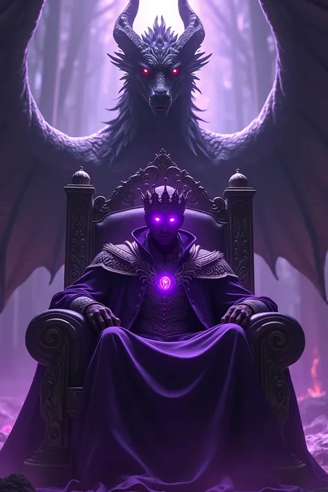 A man sitting in the throne with purple silhouette and purple eyes with the violet glowing crown and black dragon behind 