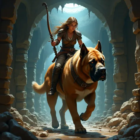 Serena Williams as ranger halfling ride a boerboel, her weapon is a bow, the scene is a dungeon