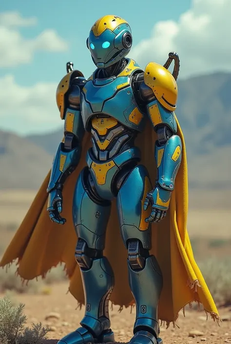 Humanoid iron drone the height of a man with blue eyes (Cyborg Robot)  Krellid Kelly ,  in blue and yellow ,  resistance leader TRO,  as the resistance leader is beaten and defeated, but he doesnt lose heart . (WITHOUT THE PERSON IN THE PHOTO)