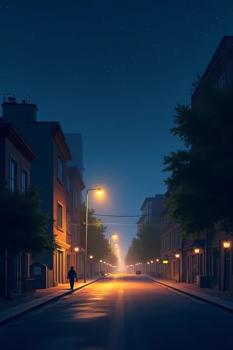 Street lights illuminate the quiet night.