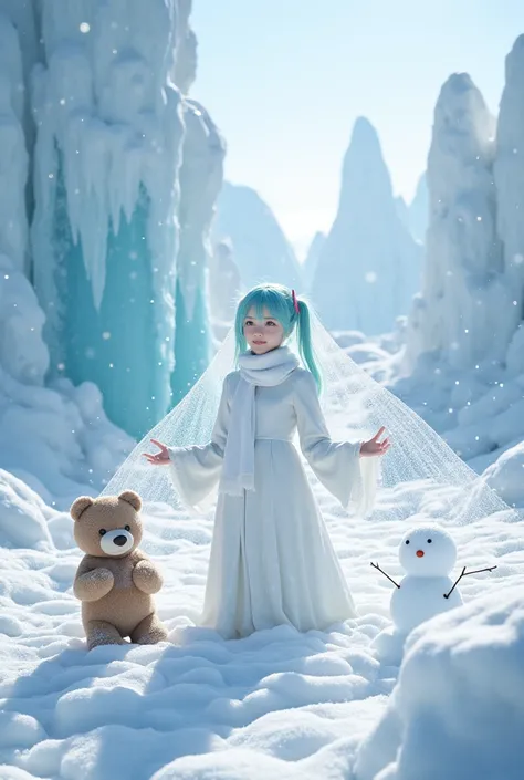  Hatsune Miku, About  、Open your hands and look up 、  A snow dress and a snow scarf  、 An aura of snow only around the body 、 Next to it is a snowman with a will and a cute brown bear 、Snow effect 、god々Shii、   The background is a fantastic and unreal world...