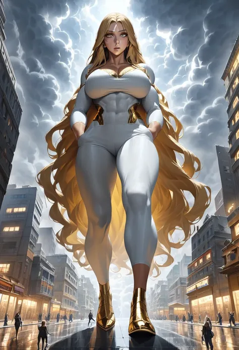 giant, White tight greek goddess clothing, gold high heels,  Strong and athletic , Massive strength , really big breasted , Golden eyes, Blonde long hair, gold jewelry,  Excellent expression ,  Walking through a small city ,  Smoke and clouds hover around ...