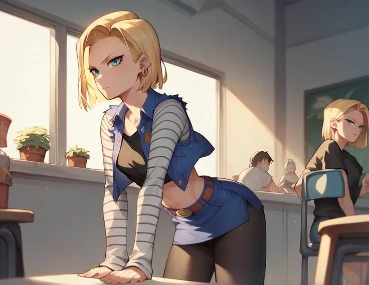 Android 18 wearing a short skirt with black tights and a short blouse showing her belly and little people inside her stomach 