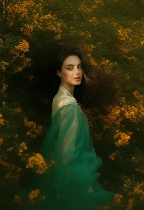 Design a portrait of a woman standing in a lush garden filled with vibrant greenery and colorful flowers. Use studio lighting to create a dramatic contrast between light and shadow, and bring out the full range of colors in her skin and hair.