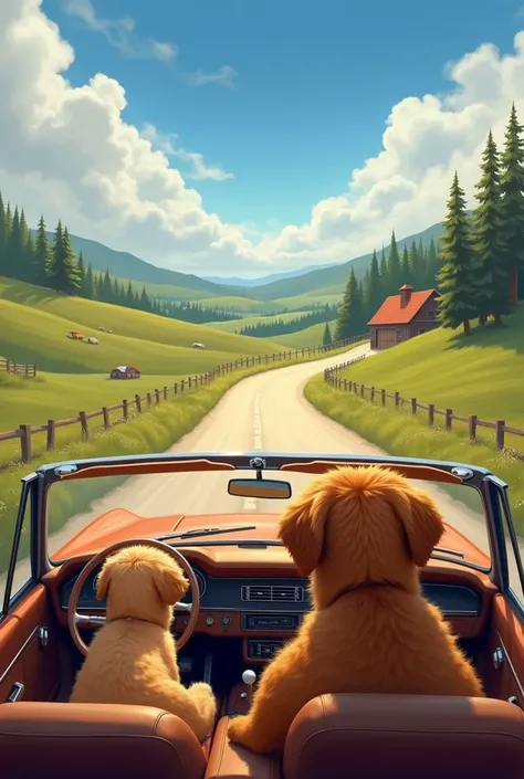 Draw a puppy with a father traveling by car 