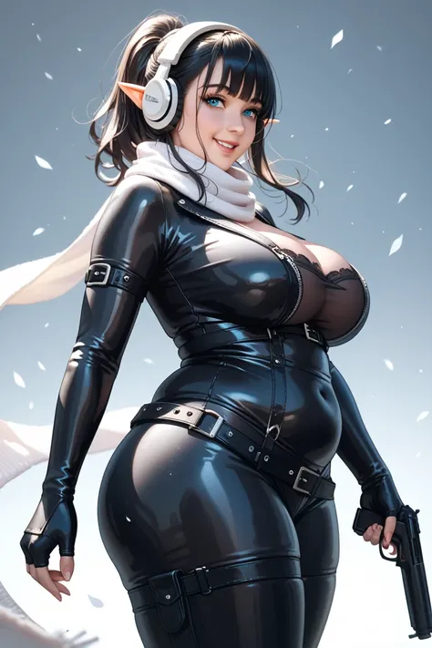 1girl, solo,
, mature,  huge breasts, curvy, wide hips, chubby ,black hair, blue eyes, bangs, white scarf,straight hair, ponytail, elf ears, medium hair, black bodysuit, black fingerless glove, white headphones, black
Thigh high boots, holding gun, black l...