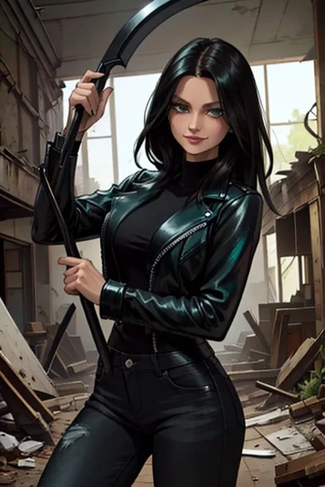 Perfect face. Perfect hands. A tall black haired woman with teal eyes in a leather jacket and jeans is spinning a scythe with a big smile while exploring debris in an abandoned church