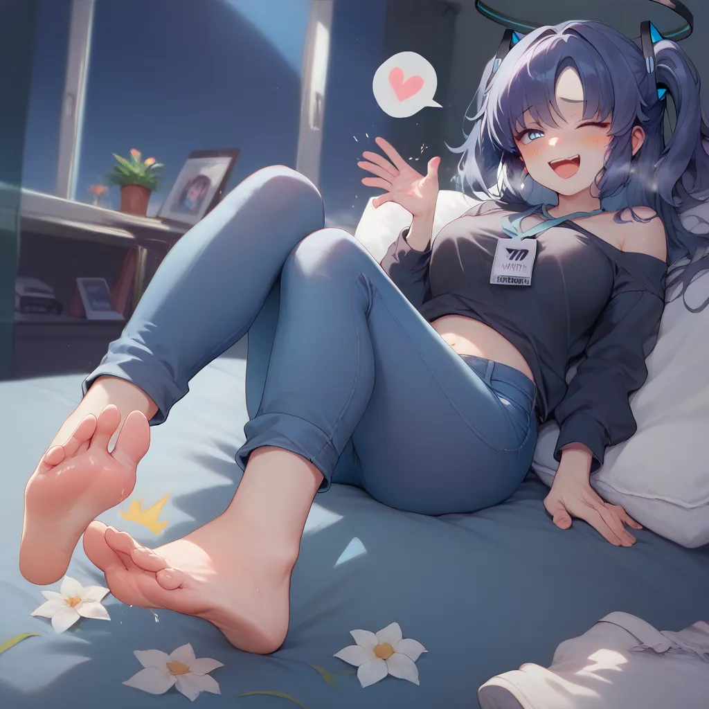 Yuuka, blue archive, sitting on a bed, in light blue jeans, barefoot, and black sweater, laughing hysterically, blushing. She is getting tickled on her perfect feet and soles, her shoes are seen nearby, 