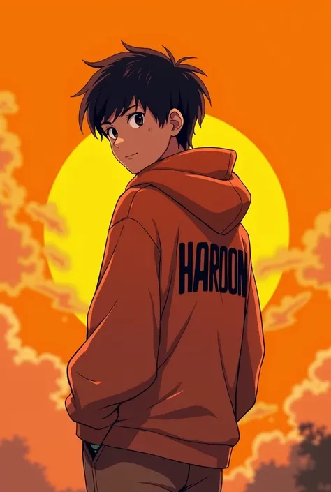 A Wallpaper of anime orange light background young boy with a name haroon on his back 