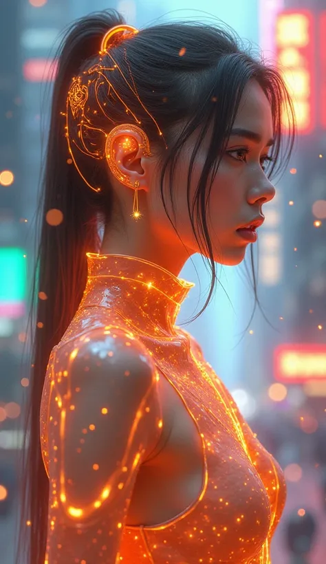 A hyperrealistic woman in the style of cyberpunk manga, her design blending luminous orange, ethereal light gray, and vibrant orange tones. Her futuristic features radiate an otherworldly presence, with intricate biomechanical details glowing softly under ...