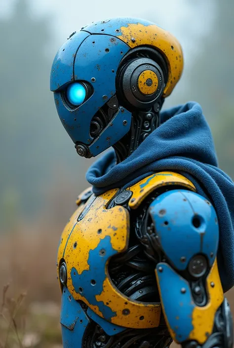 Humanoid iron drone the height of a man with blue eyes (Cyborg Robot)  Krellid Kelly ,  in blue and yellow ,  resistance leader TRO,  as the resistance leader is beaten and defeated, but he doesnt lose heart . He looks like a warrior because of his blue he...