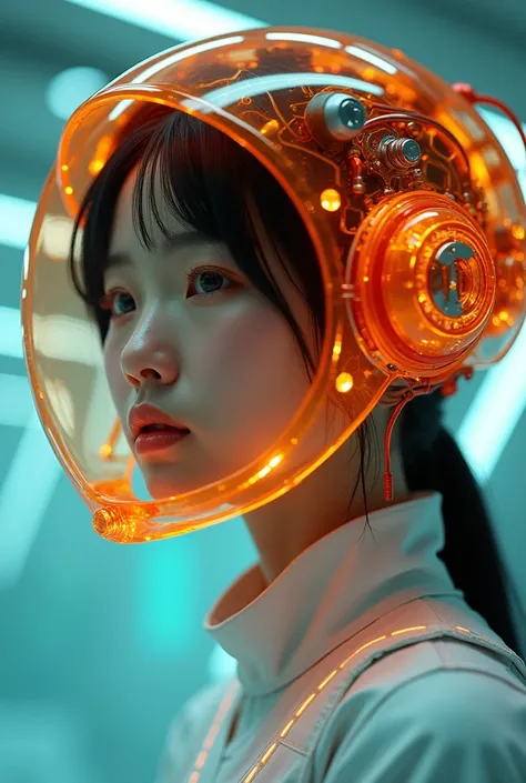 Create a futuristic, hyper-realistic portrait of a young Japanese woman, wearing an elaborate, transparent orange electronic helmet intricately designed with a complex array of wires, glowing lights, and advanced components. Her skin radiates a soft pink l...