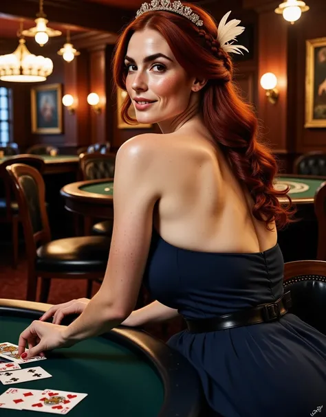 Photorealistic sideview picture, featuring a beautiful british woman in the casino playing cards. Shes holding a hand cards in front of her. She is seated on a stool and an ace card is sticking out under her bum. shes with brown eyes, downturned eye shape....