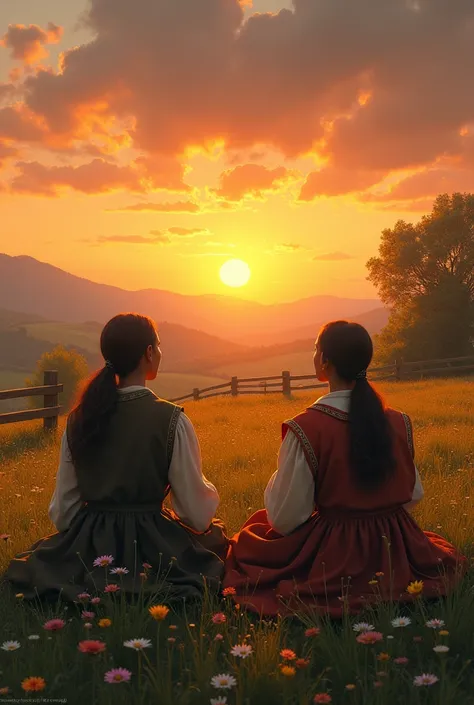 Two ren , Watching sunset, On a sunny afternoon,  sitting on the grass ,  environment field with flowers , surrounded by fences .