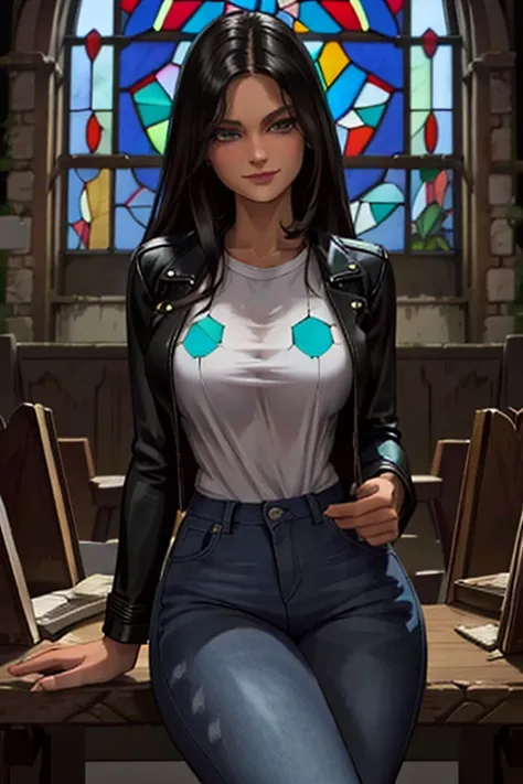 Perfect face. Perfect hands. A tall black haired woman with teal eyes in a leather jacket and jeans is spinning a scythe with a big smile while sitting in front of a stained glass window in an abandoned church