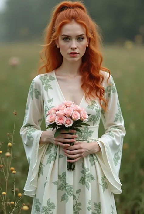 woman, redhead, wearing a white floral dress cinched at the waist and a bell sleeve, pale green flower patterns on the dress, holding a bouquet of pink flowers, red hair tied in a high ponytail, curly red hair, standing on a wraparound poarch, dream like q...