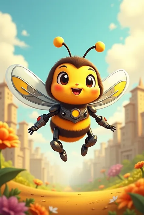 Cute Bee cartoon hero. He havent wings but have robotic drone wings