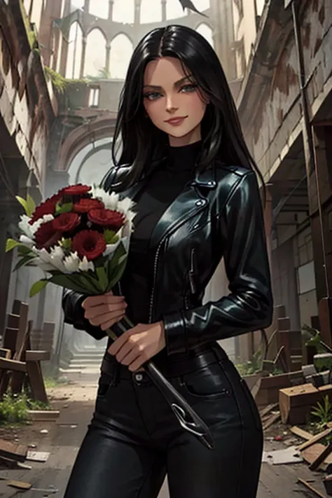 Perfect face. Perfect hands. A tall black haired woman with teal eyes in a leather jacket and jeans is spinning a scythe with a big smile while holding a bouquet of black dahlias in an abandoned church