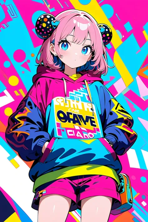 1girl,solo,anime style,hand in pockets,vibrant colors,blue eyes,yellow and pink hair,stylish outfit,oversized sweatshirt,bold graphic text,shorts,playful expression,ear accessories,colorful belt,flat design,red polka dot background,high contrast,minimal sh...