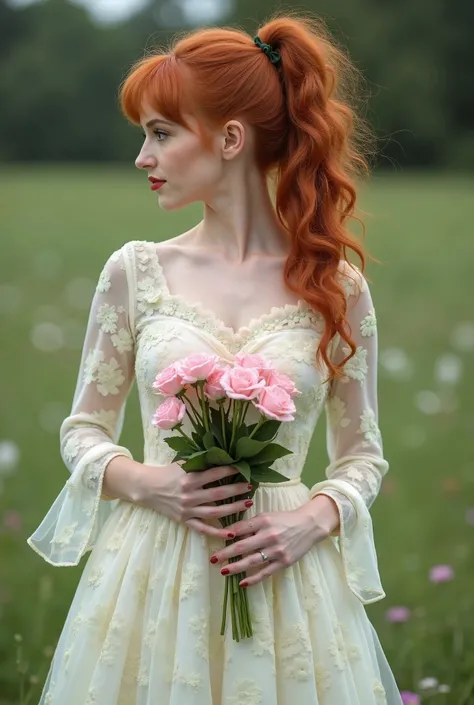 woman, redhead, wearing a white floral dress cinched at the waist and a bell sleeve, pale green flower patterns on the dress, holding a bouquet of pink flowers, red hair tied in a high ponytail, curly red hair, standing on a wraparound poarch, dream like q...