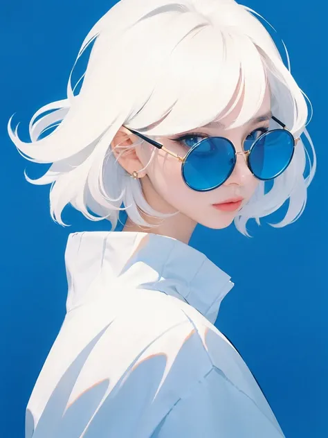 (Realistic photos:1.4),  best quality, masterpiece, super high resolution, 1 Girl, ( detailed facial:1.2), ( careful eyes:1.2), ( detailed hair :1.2), (Exquisite clothes:1.2), 4K, (Detailed color :1.2),  glasses, Big earrings, White hair,