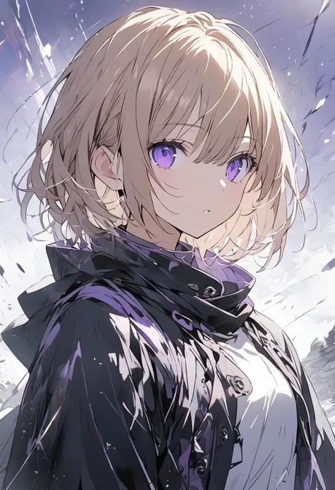 Alone, 1 girl, Light brown hair,purple Eyes,short Hair, Long Sleeve,