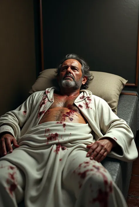 Create an ancient Middle Eastern figure, lying on a simple bed, wearing a white robe covered in wounds, including scars on his chest, with a facial expression of pain. Realistic, cinematic, 3d models