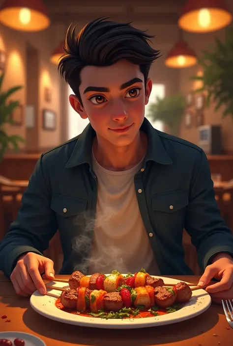 Young man sitting in a restaurant eating kebabs