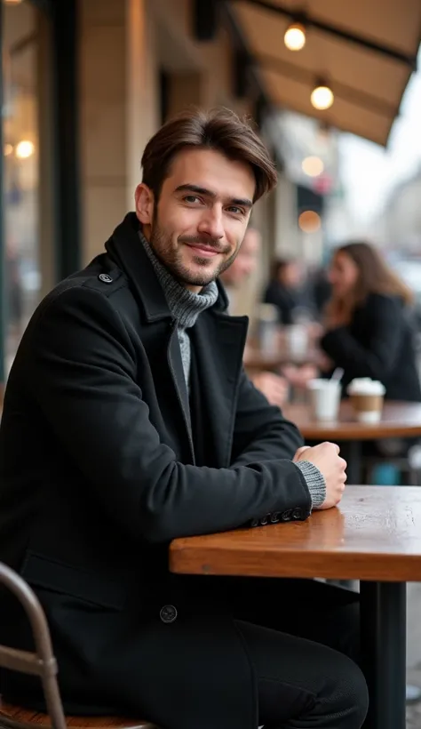 (((Over-the-shoulder shot))), handsomel french man, short brown haircut, 22 years old, brown eyes, smiling, wearing long black trench coat over grey sweater and dark pants, sitting in a cafe, turning around to the friend who sitting opposite her, holding c...