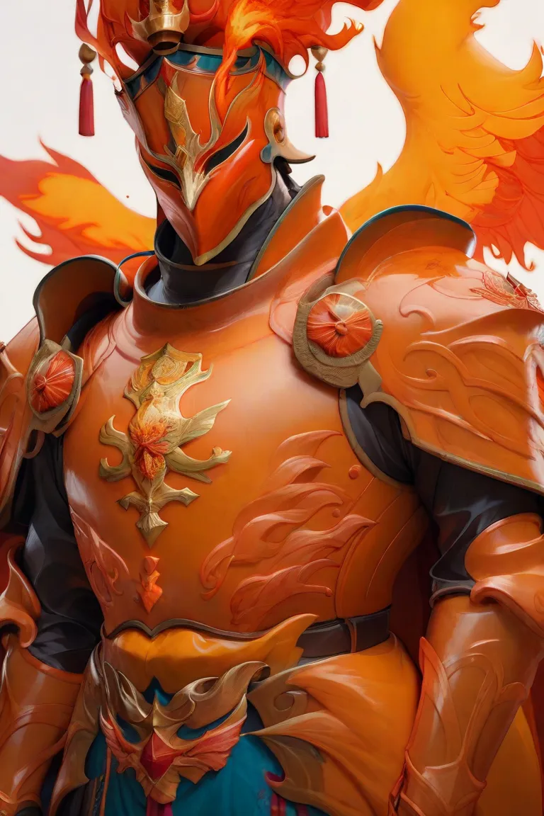 arm0rs3nt1n3l,full helmet,chestplate,fire cape,fire crown,facing viewer,orange armor,gold details,copper colored details,phoenix...