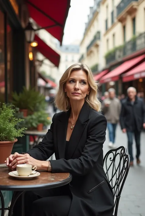  Beautiful European French-looking woman, 42 years old, Very fashionably dressed ,  sitting in a Parisian street café 